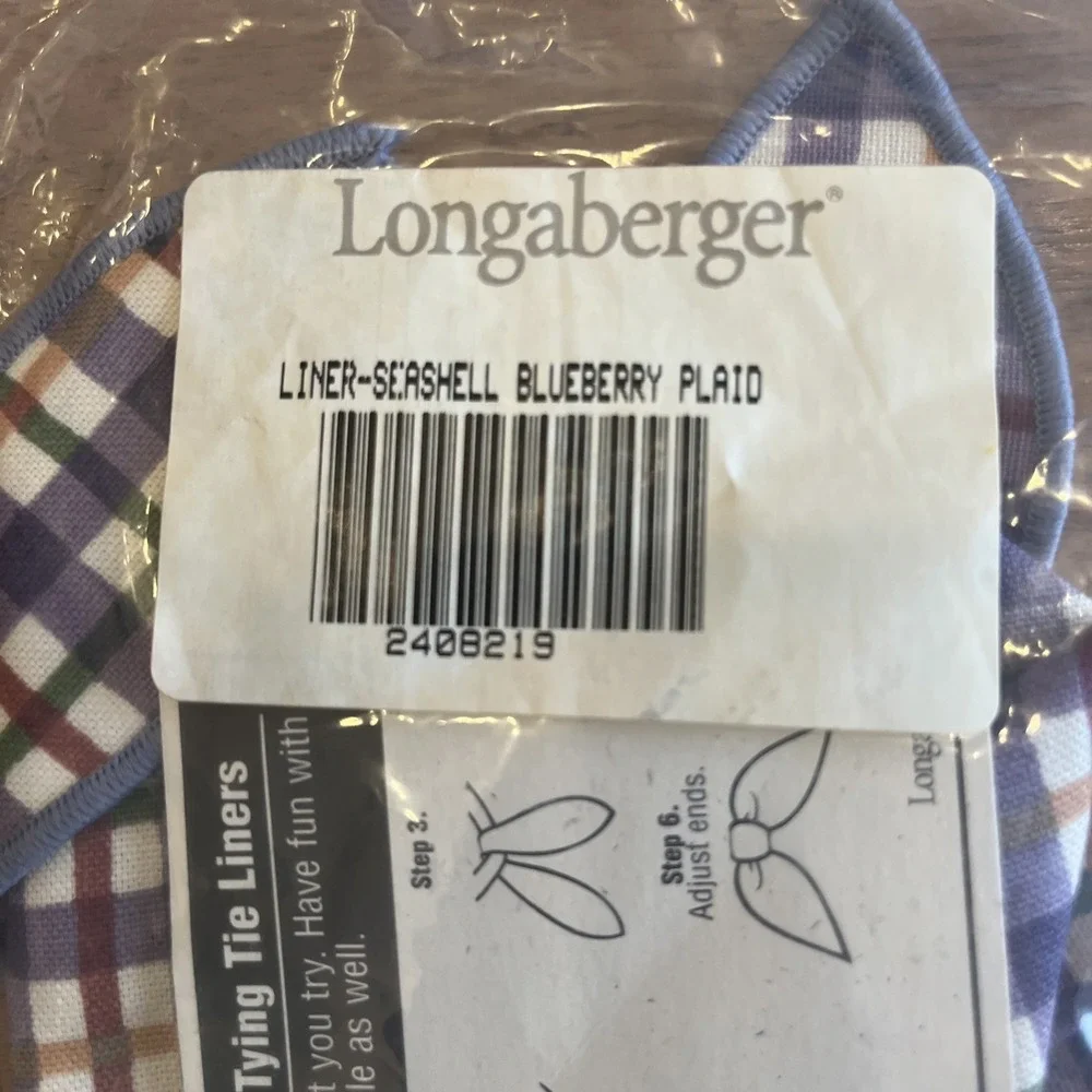 Longaberger Fabric Liner & Handle Tie For Seashell Basket in Blueberry Plaid NEW